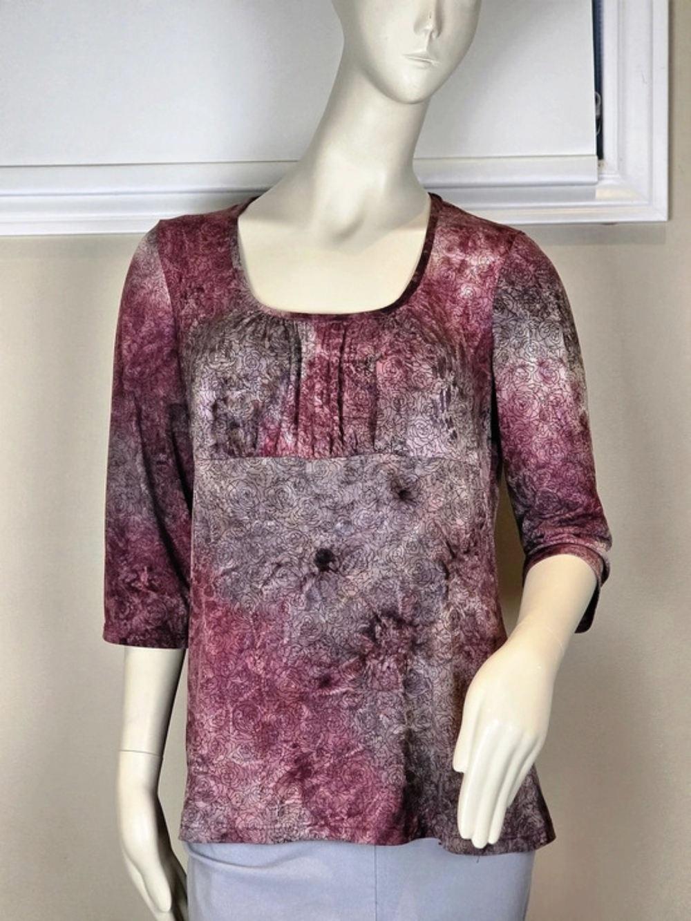 Sz L. Made In Canada Vintage Y2K Reitmans Plum Tie-dye Floral Top Empire Waist